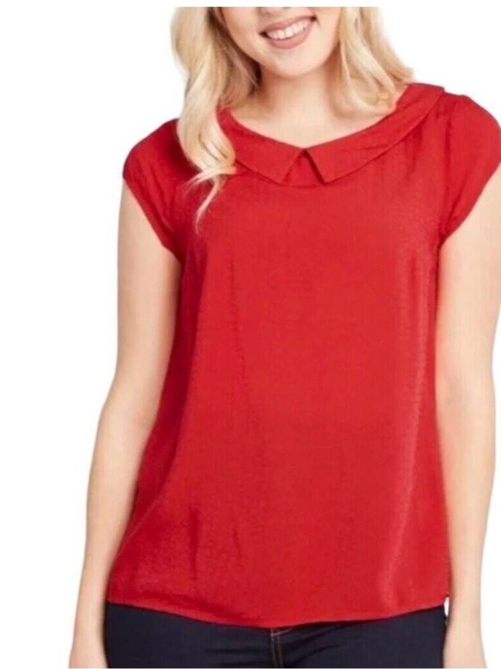 Modcloth S Red Cap Sleeve Top Peter Pan Collar Rayon Short Sleeve